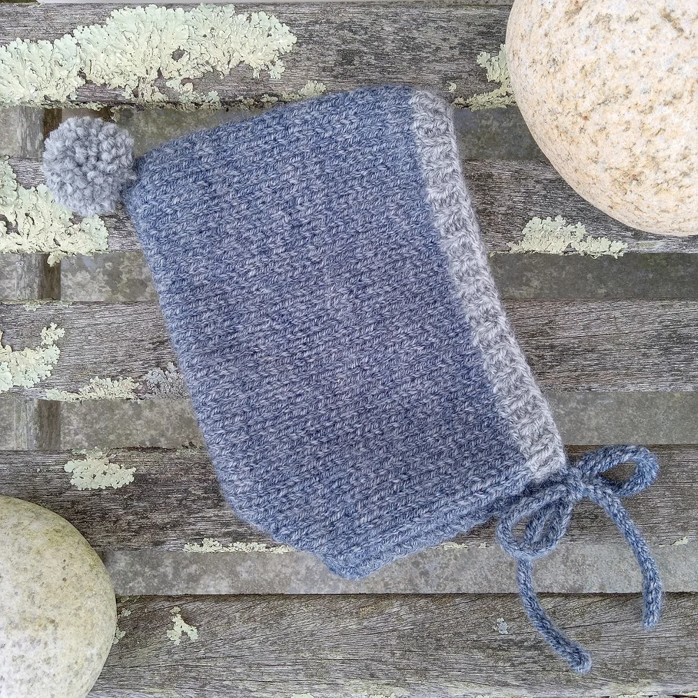Handknit Baby Boy Winter Blue Denim Tweed Retro 1960s Style Pompom Pixie Hat 12M
